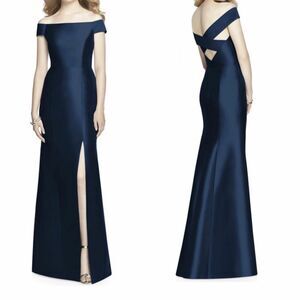 Alfred Sung Criss Cross Off Shoulder Sateen Gown 16 Midnight Blue NWT B74
